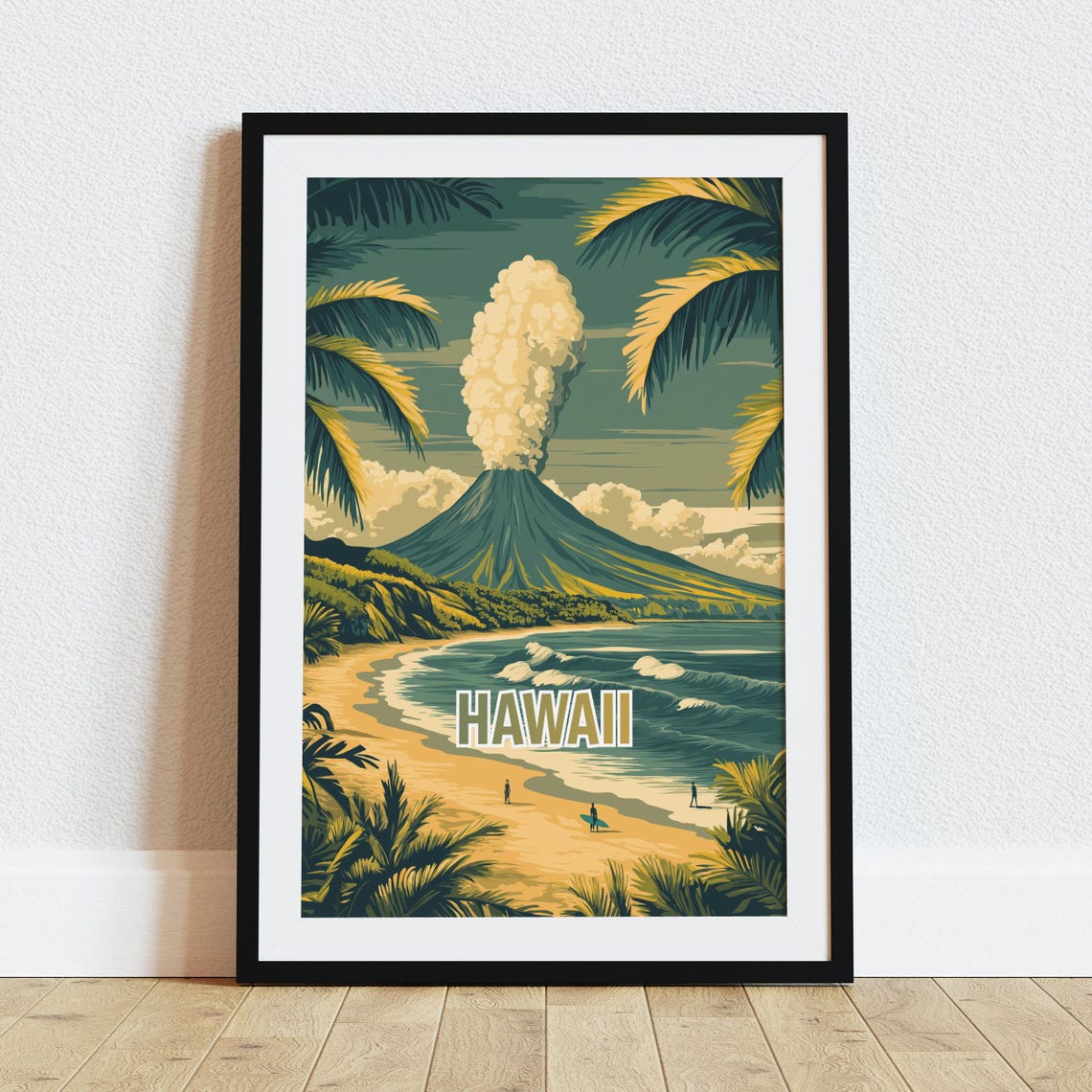 Hawaii USA Volcano Plume Palm Framed Beach Surf Travel Poster