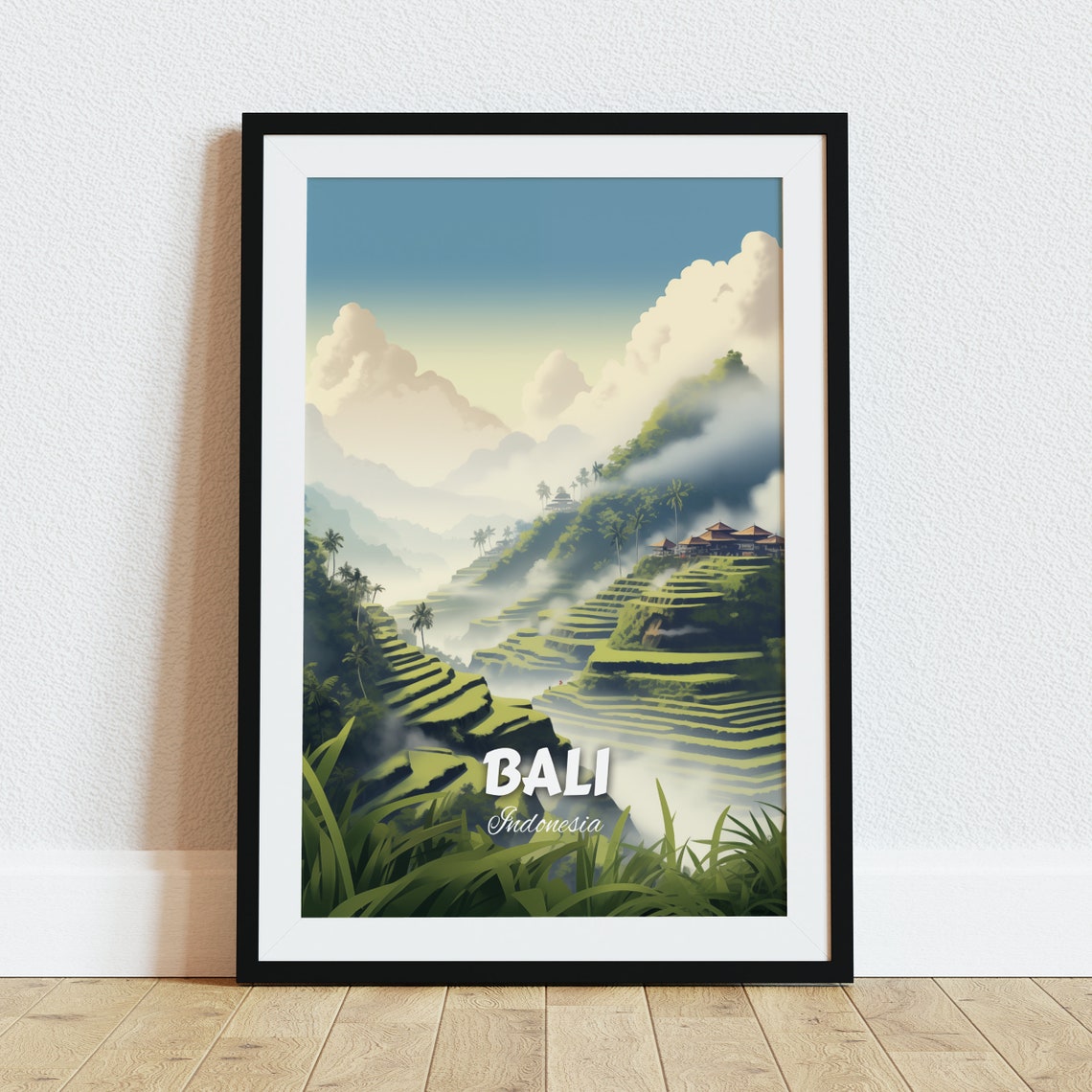 Bali Indonesia Rice Terraces Misty Green Hillside Travel Poster