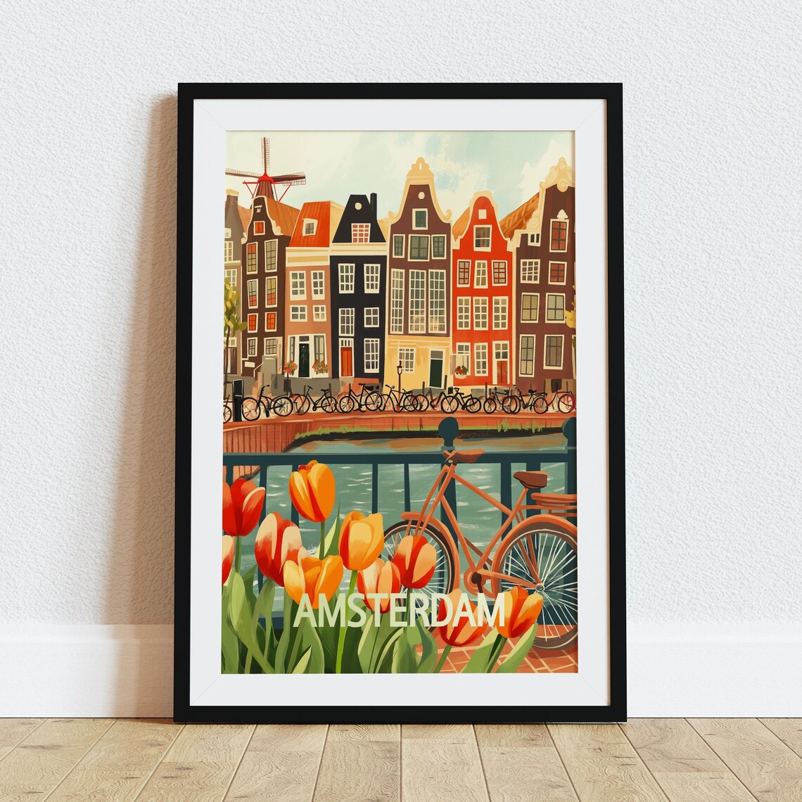 Amsterdam Netherlands Canal Houses Bicycles Tulips Travel Poster