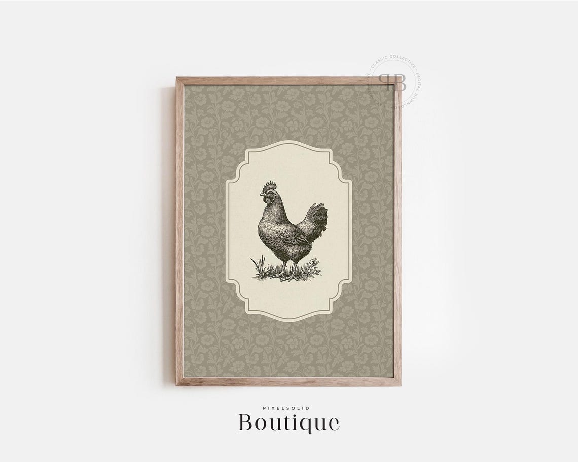 Vintage Chicken Engraving Sage Green Farmhouse Kitchen Decor Print