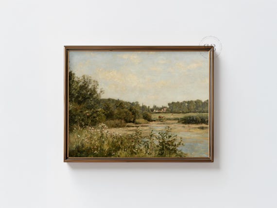 Countryside Landscape Wall Art Rustic Farm Scene River Meadow Vintage Style Painting Nature Decor No822