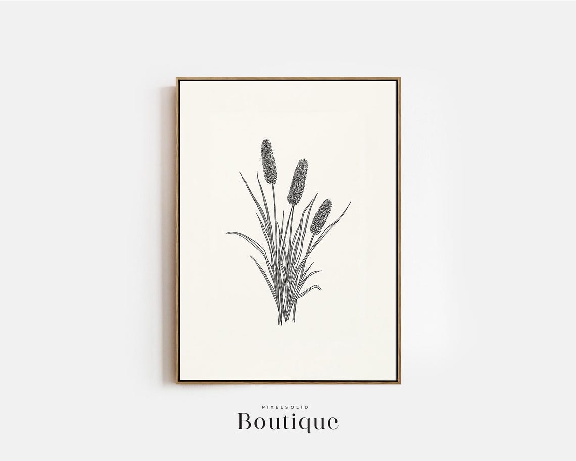 Minimalist Cattail Stems Black Line Botanical Sketch Nature Print