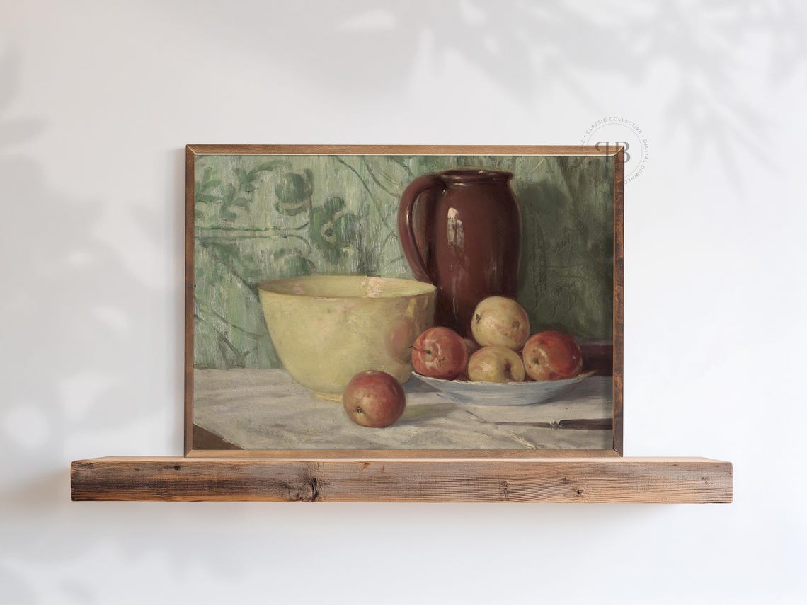 Vintage Apples Still Life with Copper Pitcher Rustic Kitchen Print