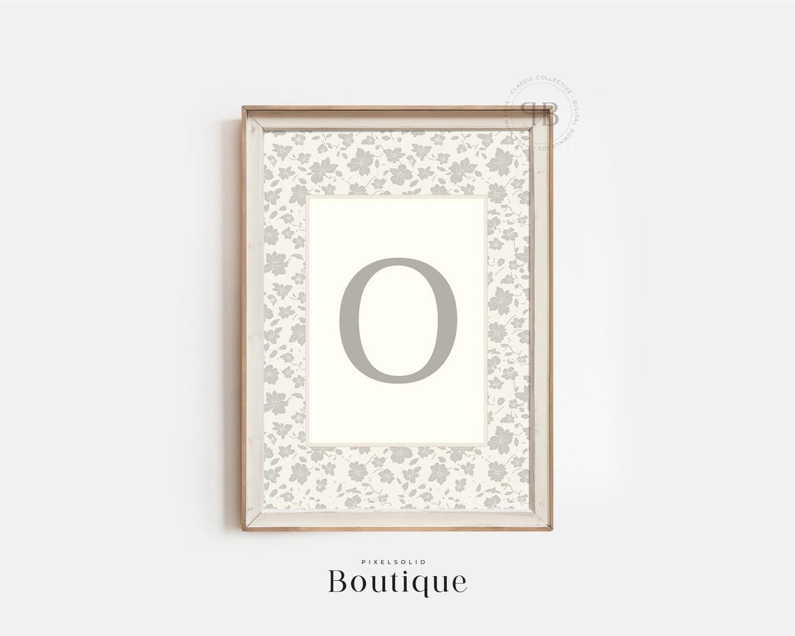 Elegant Letter O Monogram Grey Floral Initial Nursery Wall Art