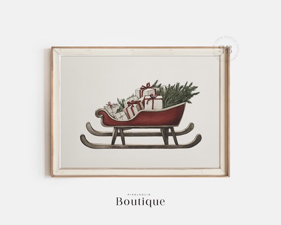 Christmas Sleigh Loaded with Gifts Watercolor Holiday Art Poster