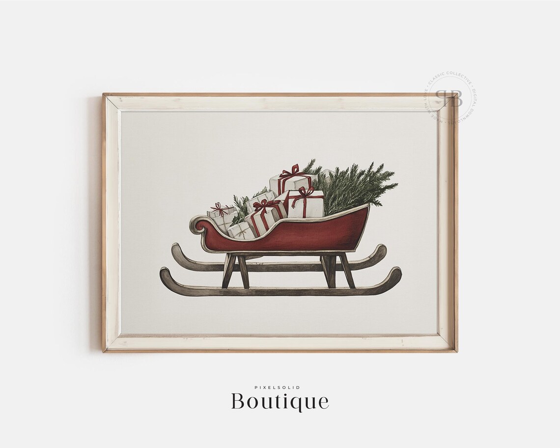 Christmas Sleigh Loaded with Gifts Watercolor Holiday Art Poster