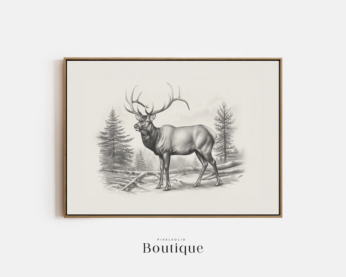 Elk Stag Full Body Sketch Neutral Minimalist Wildlife Wall Art