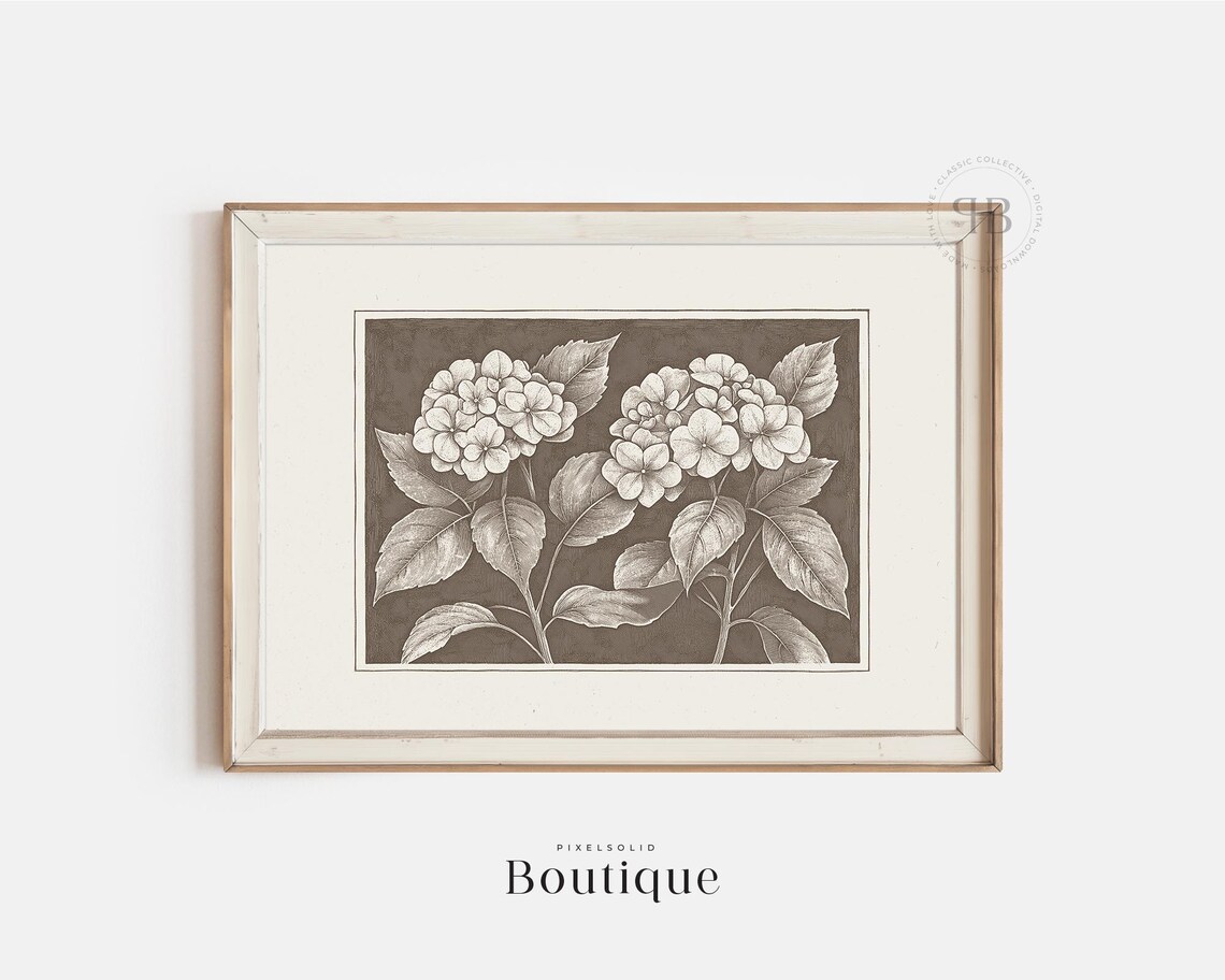 Hydrangea Botanical Print Sepia Flower Illustration Classic Nature Wall Art Vintage Style No616