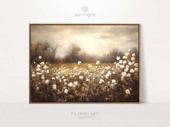 Autumn Cotton Field Blooms Moody Oil Painting Rustic Landscape Art Poster