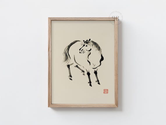 Sumie Horse Wall Art Japanese Ink Painting Zen Animal Decor Minimalist Brushwork Artwork No843