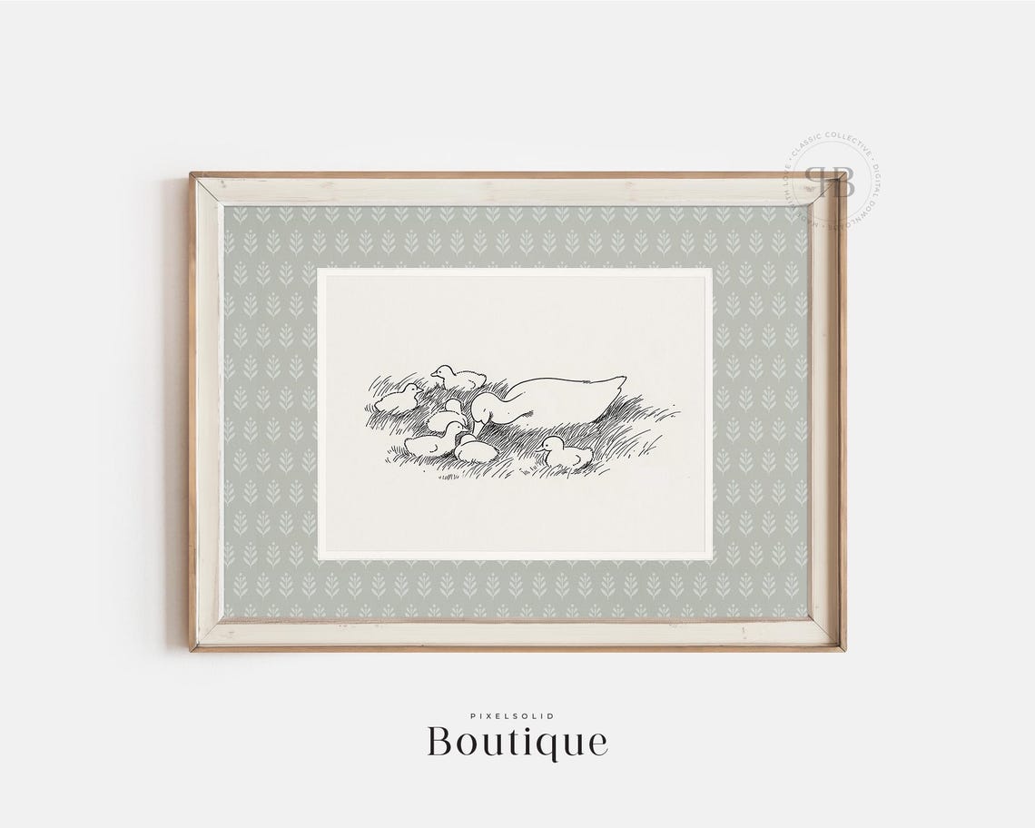 Duck Family Line Drawing Baby Animal Nursery Print Farmhouse Kids Room Wall Art Minimalist Vintage Style No743