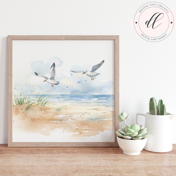 Two Flying Seagulls Over Ocean Beach Watercolor Coastal Poster