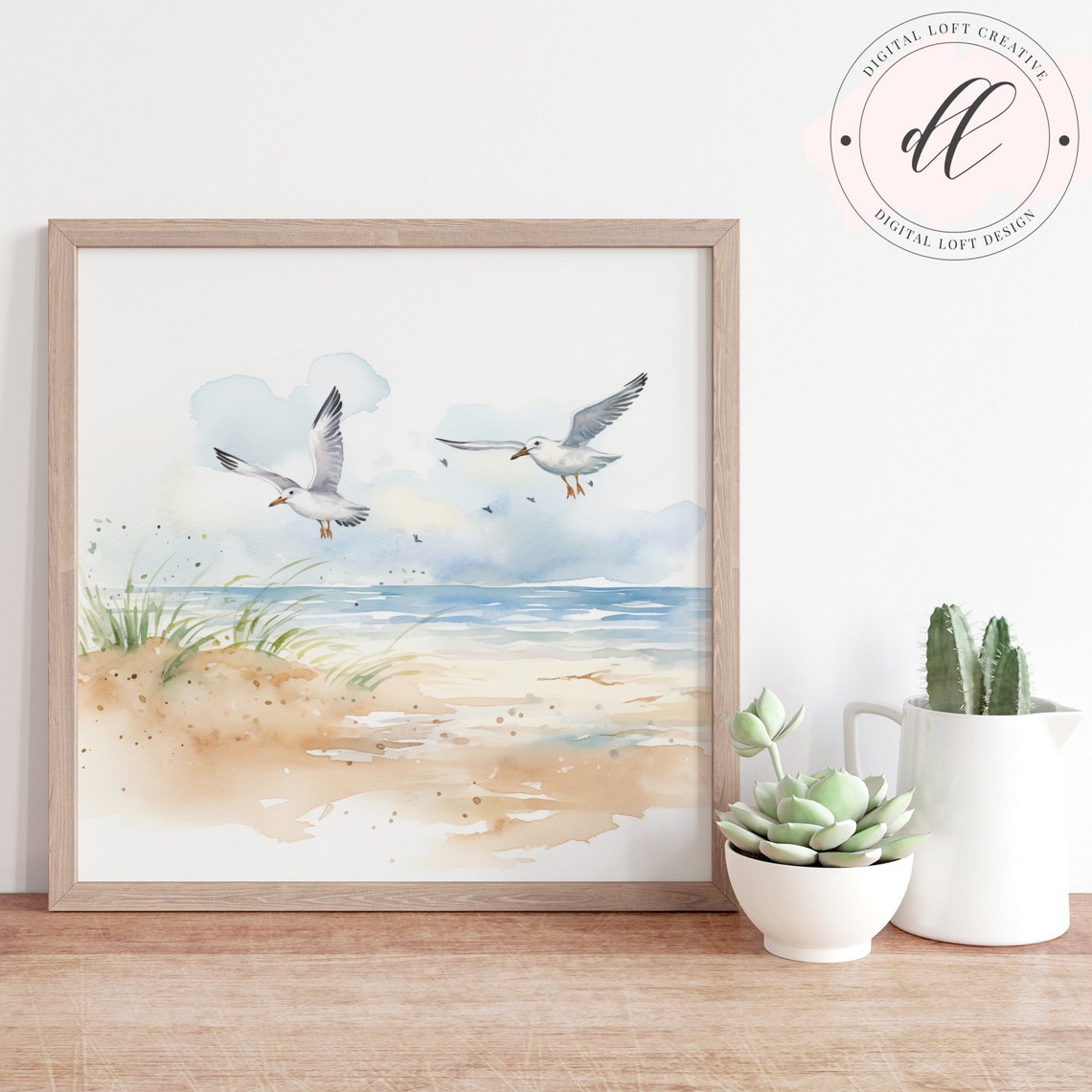 Two Flying Seagulls Over Ocean Beach Watercolor Coastal Poster