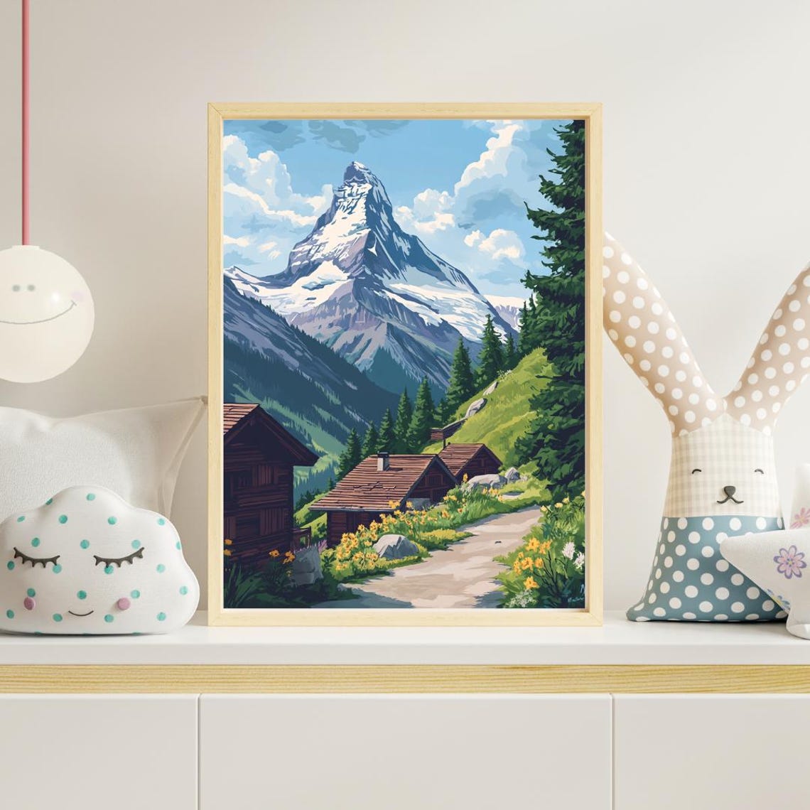 Swiss Mountain Peak Alpine Huts Wildflower Meadow Trail Poster