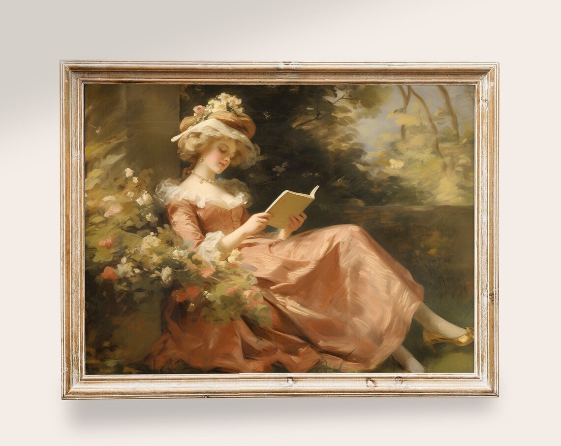 Woman Reading Vintage Prints, Cottagecore Wall Art