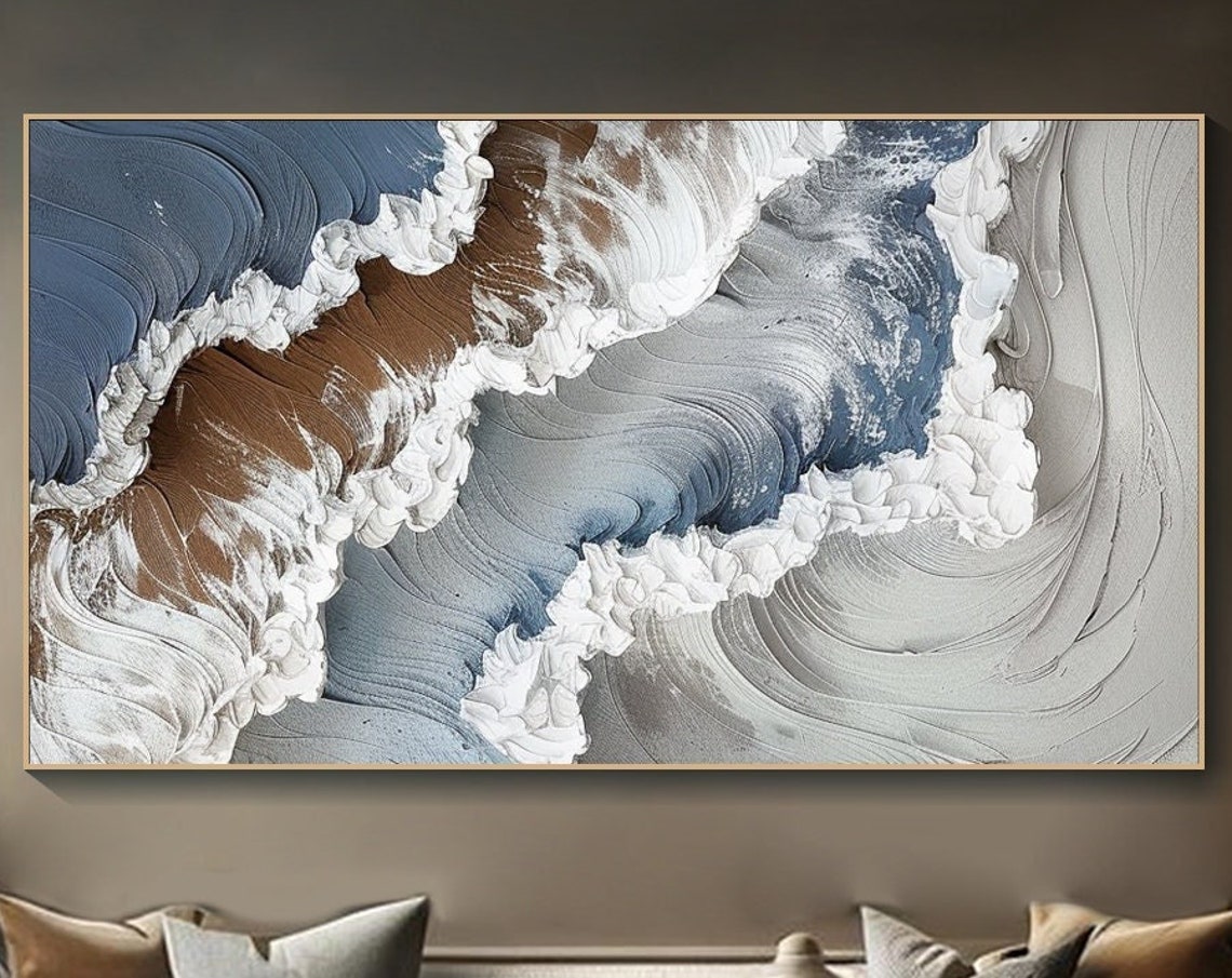 Abstract Crashing Ocean Wave Blue White Brown Textured Art Poster