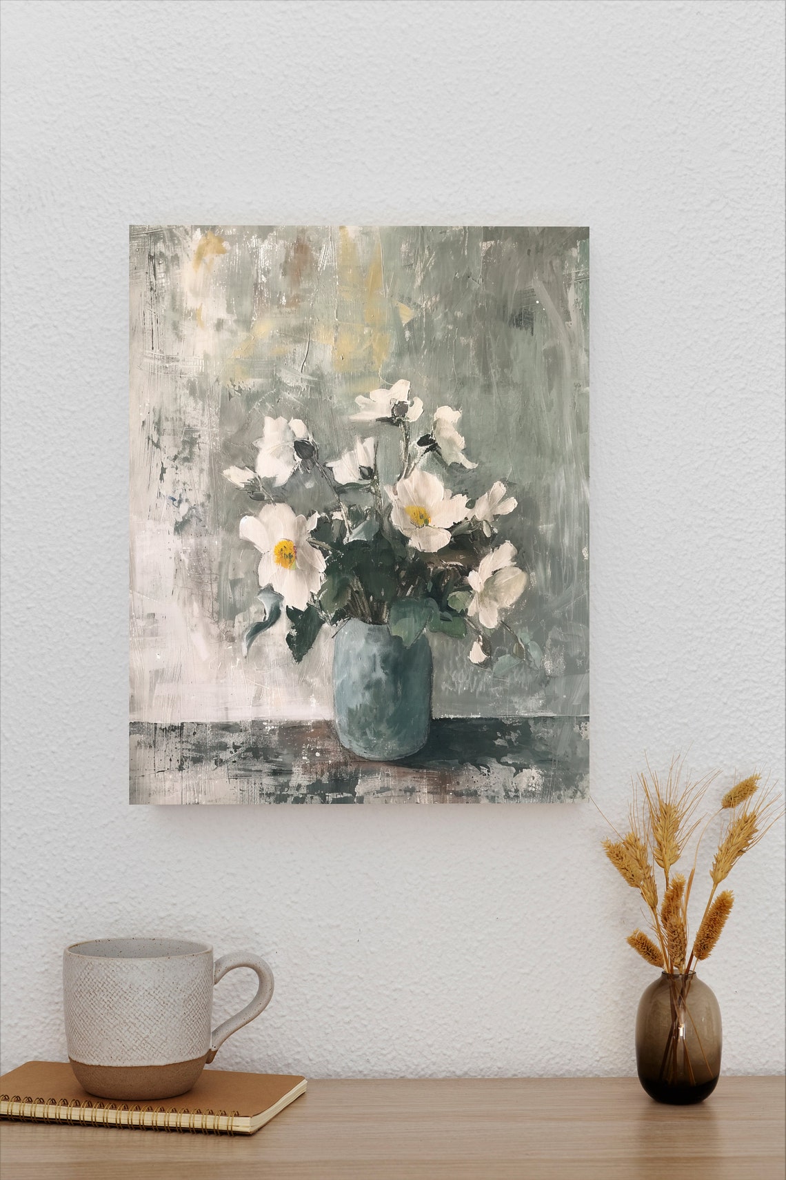 White Cosmos Flowers Blue Vase Gray Abstract Background Floral Poster - Image 2