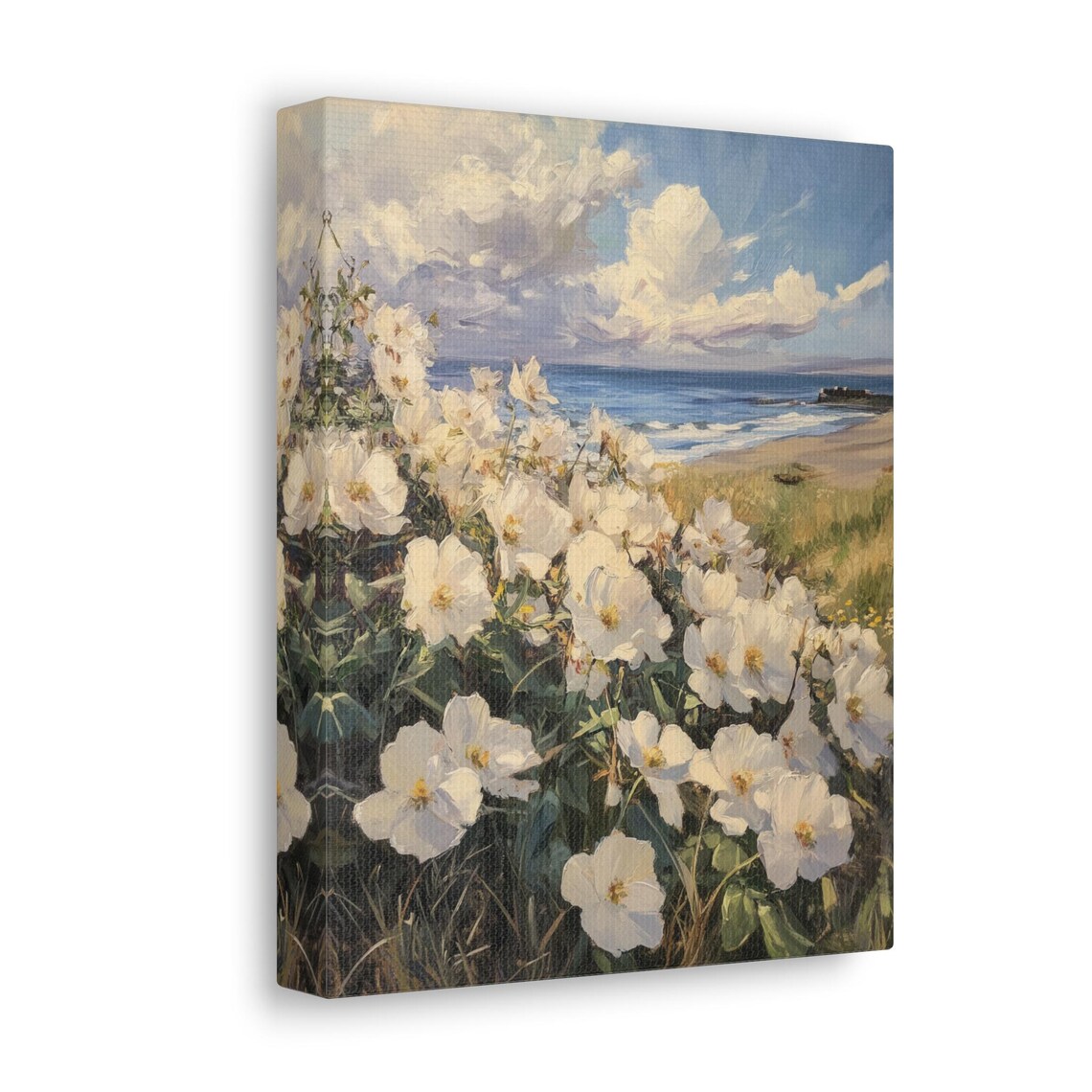 White Beach Roses Poster Blooming Above the Sea Under Cloudy Skies - Image 4