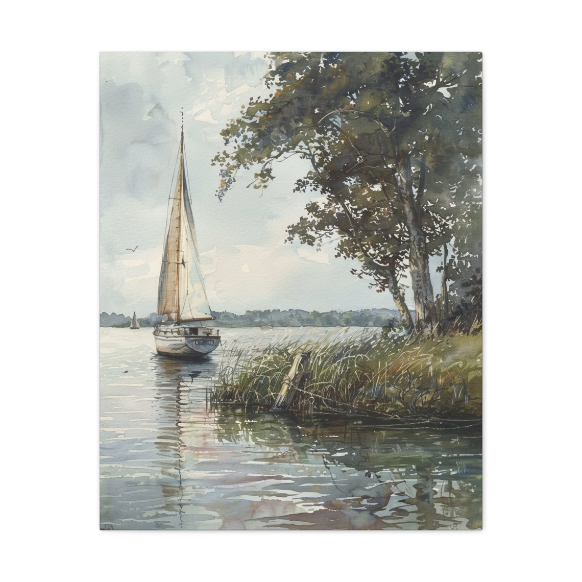 Watercolor Sailboat Poster on a Calm Lake by a Tree Lined Shore - Image 3