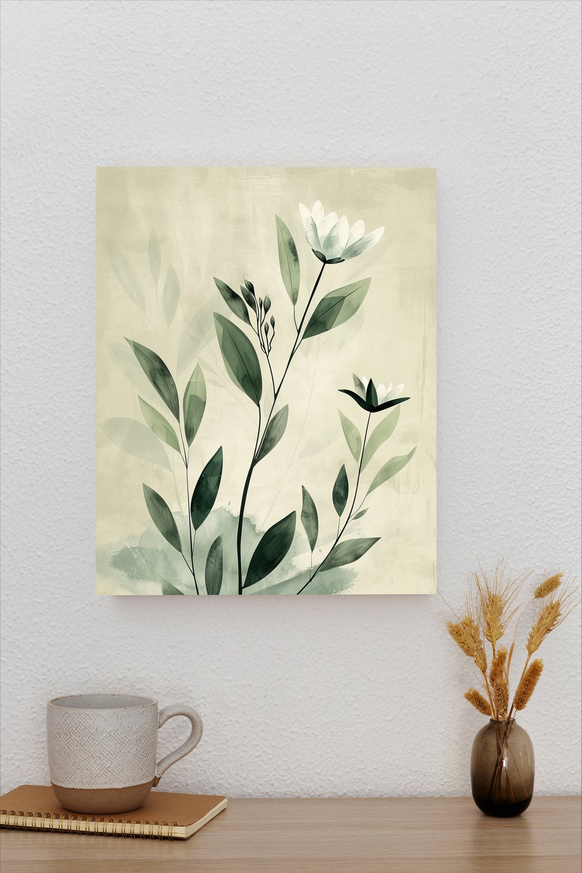Sage Green Watercolor Stems with Delicate White Blooms Poster - Image 2