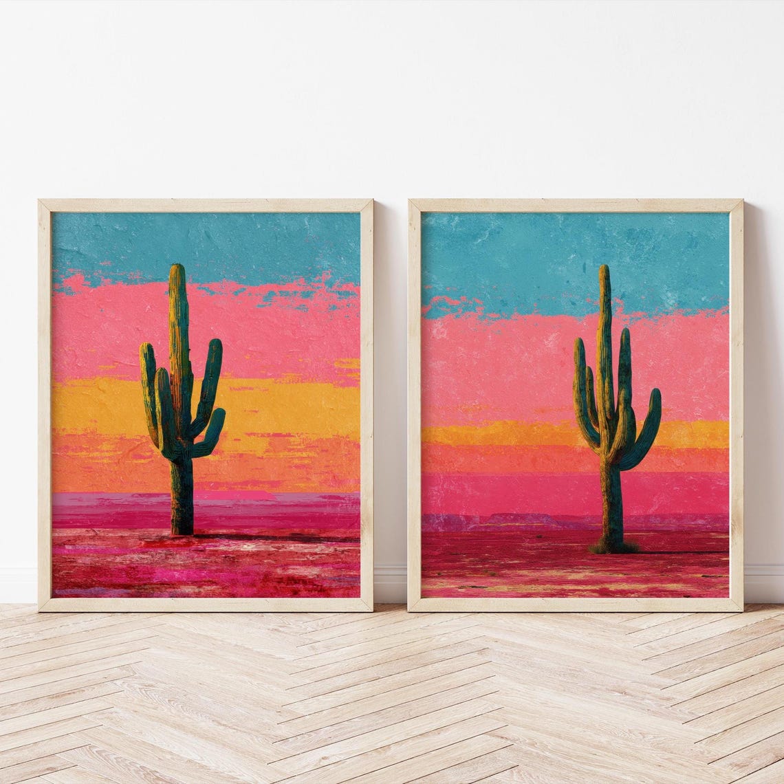 Set of Two Colorful Cactus Sunset Desert Pop Art Style Poster