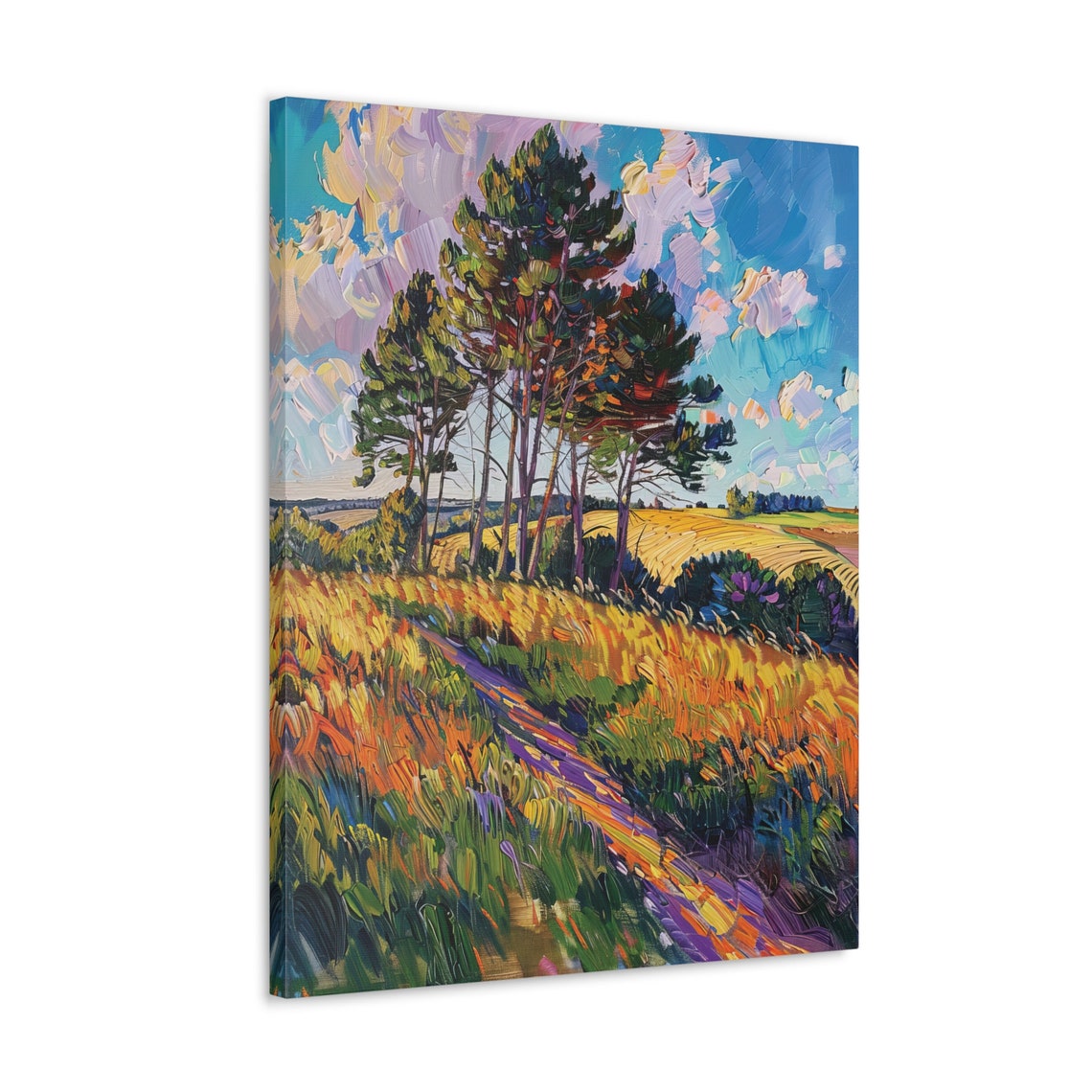 Impressionist Pine Grove in Golden Meadow Under Vibrant Sky Poster - Image 4