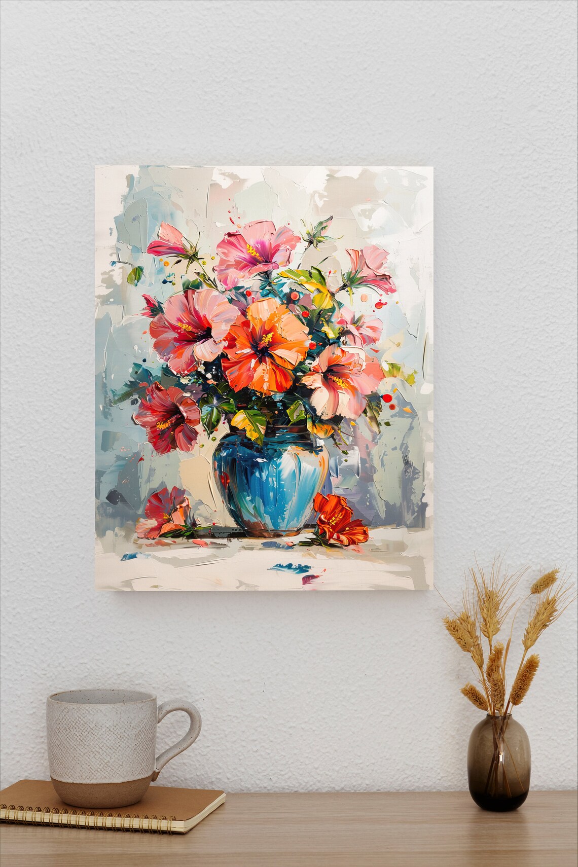 Colorful Hibiscus Bouquet Blue Vase Modern Floral Art Poster - Image 2