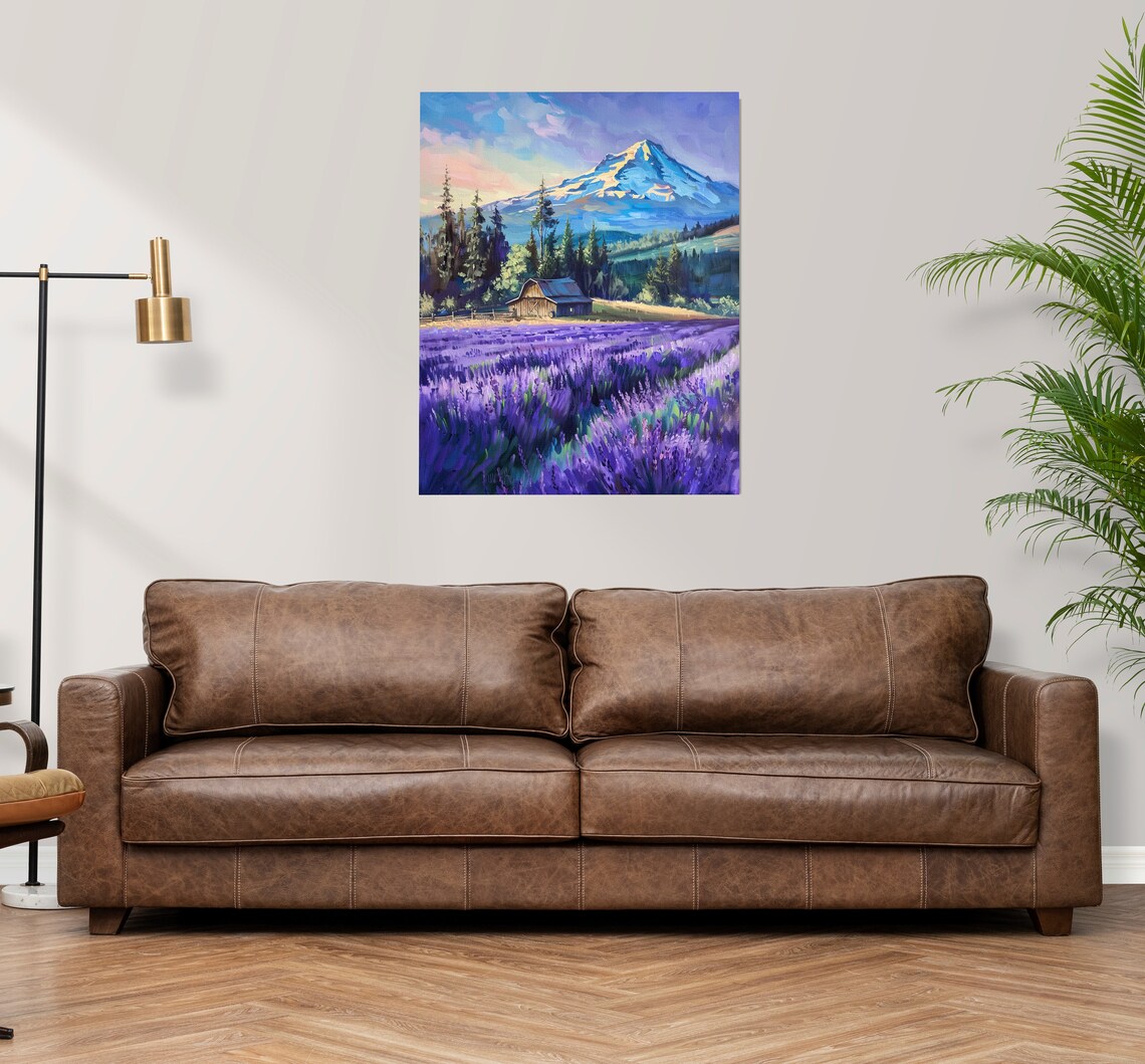 Lavender Field Barn Snowcapped Mountain Colorful Landscape Art Poster - Image 3