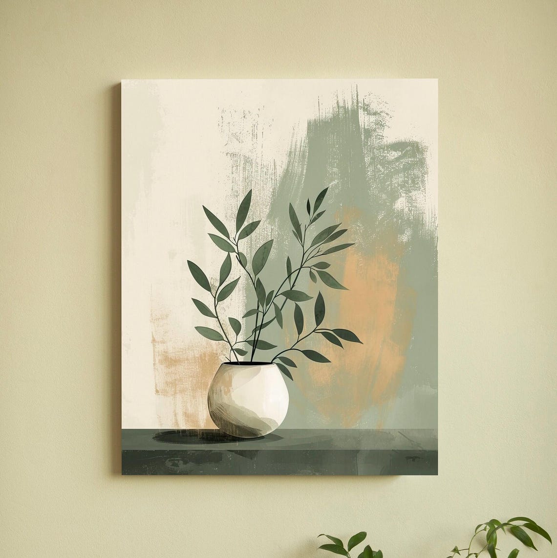 Sage Green Sprigs in White Pot with Brushstroke Background Poster
