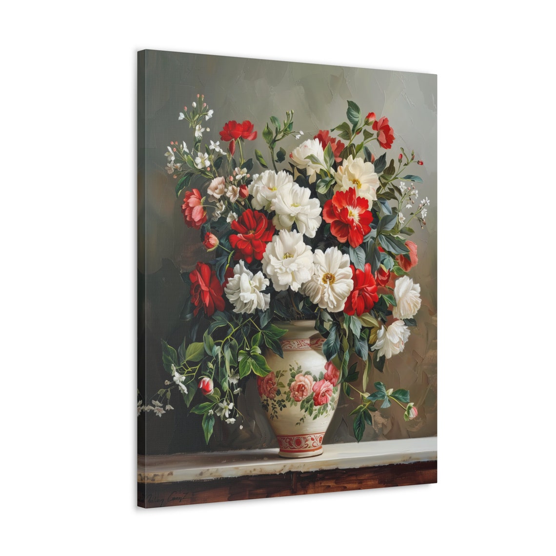 Red and White Roses in Decorated Porcelain Vase Still Life Poster - Image 4