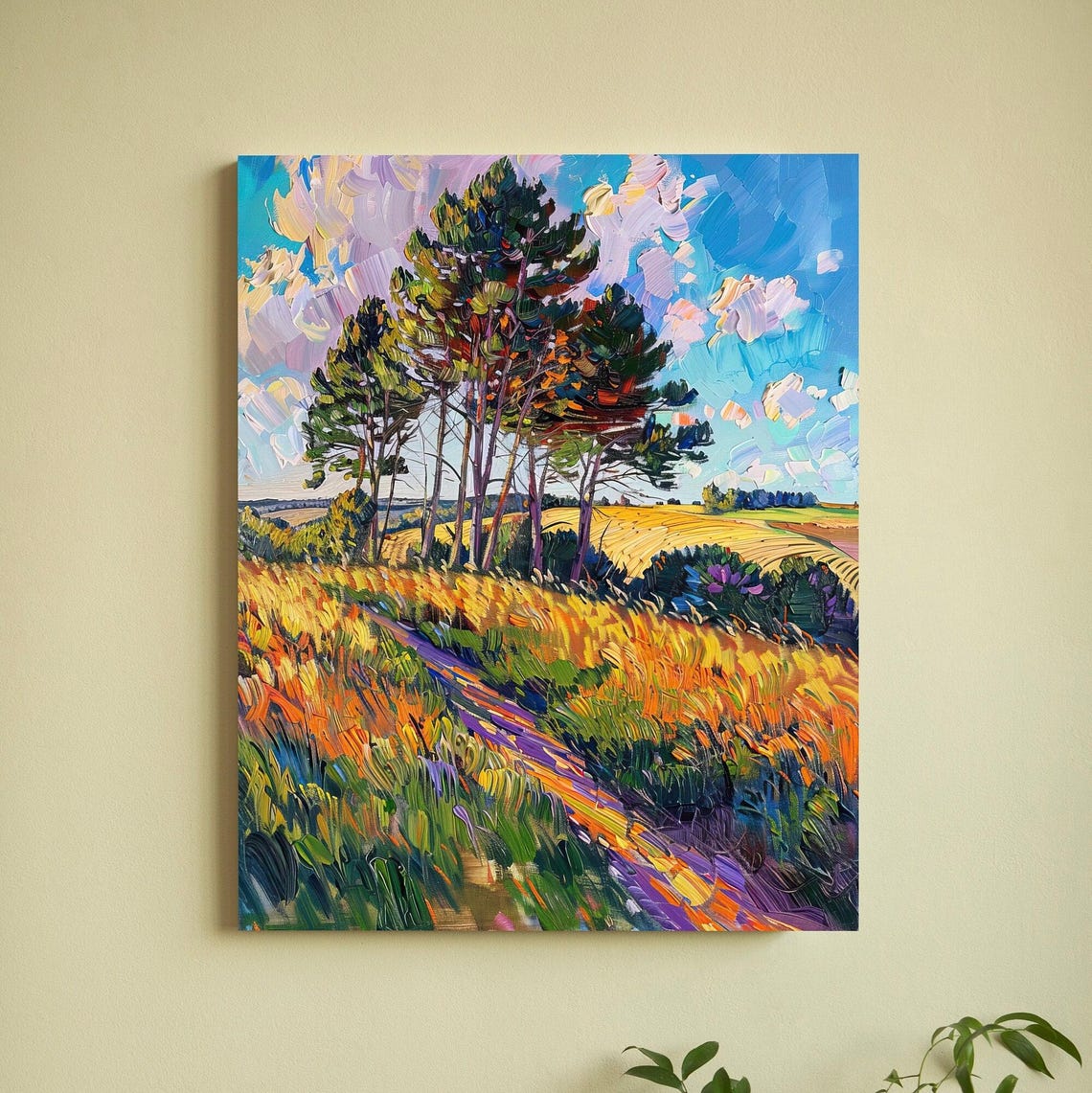 Impressionist Pine Grove in Golden Meadow Under Vibrant Sky Poster