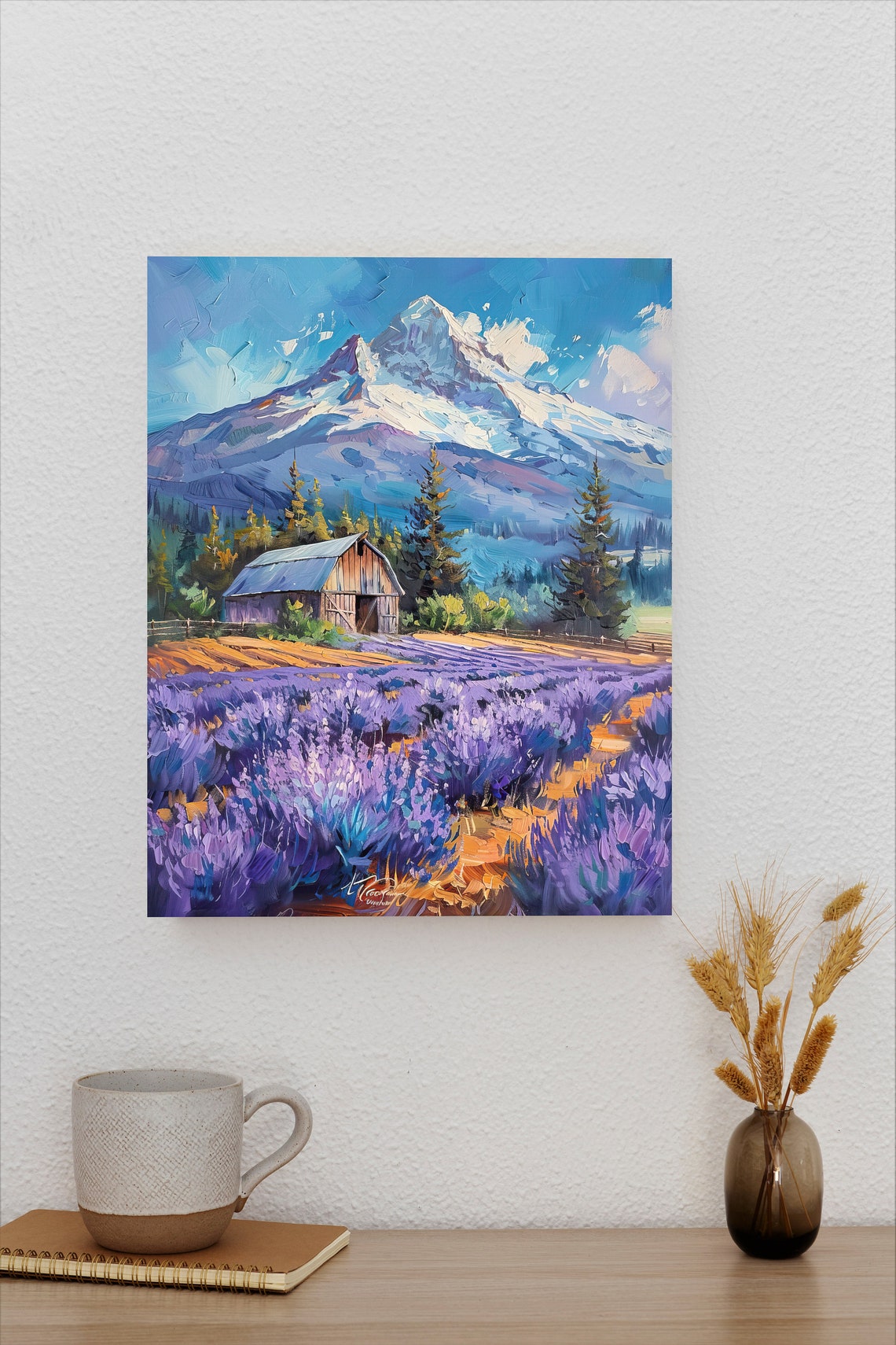 Lavender Farm with Rustic Barn Beneath Snow-Capped Peak Poster - Image 2