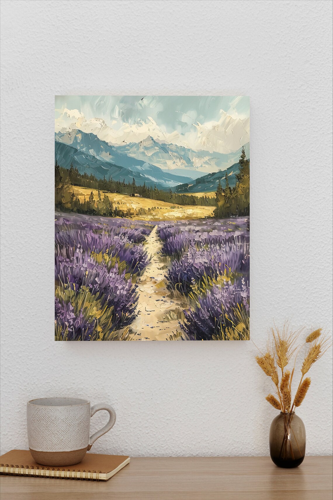 Lavender Field Path Leading to Blue Mountain Peaks Oil Poster - Image 2