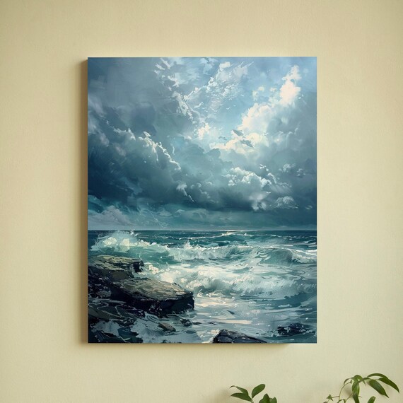 Stormy Ocean Waves Crashing Rocky Shore Moody Seascape Poster