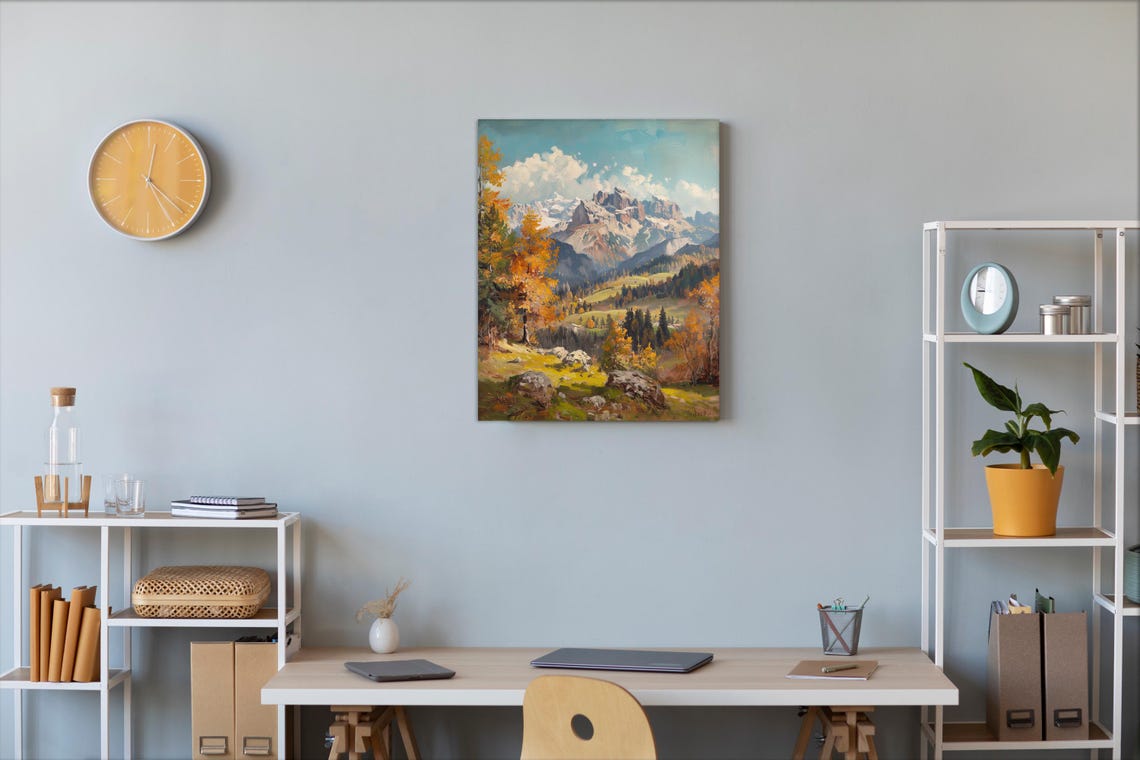 Autumn Alpine Valley Poster with Snowy Peaks and Orange Trees View - Image 2