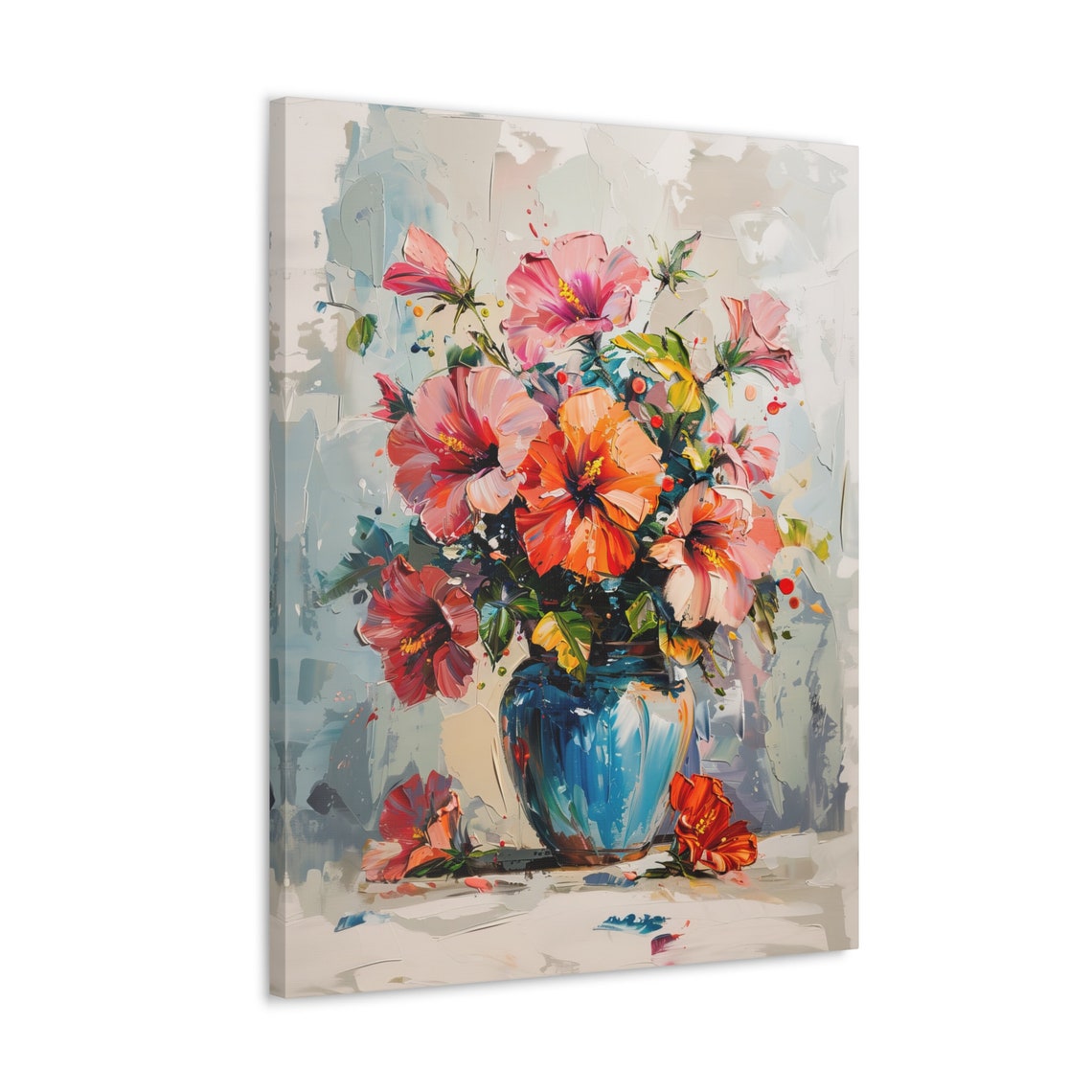 Colorful Hibiscus Bouquet Blue Vase Modern Floral Art Poster - Image 4