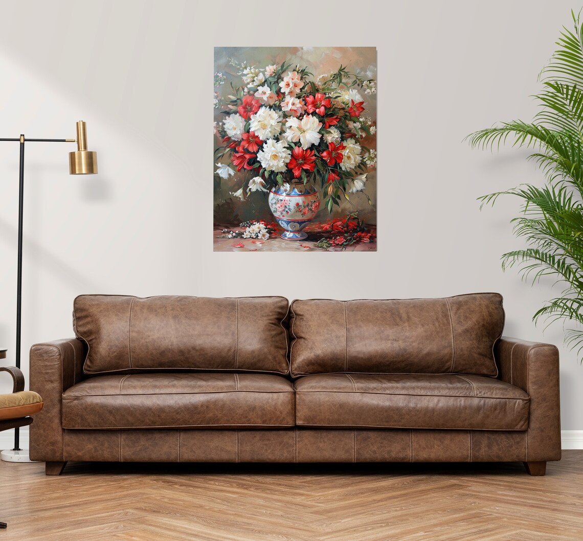 Red and White Peony Bouquet in Decorated Floral Porcelain Vase Poster - Image 3