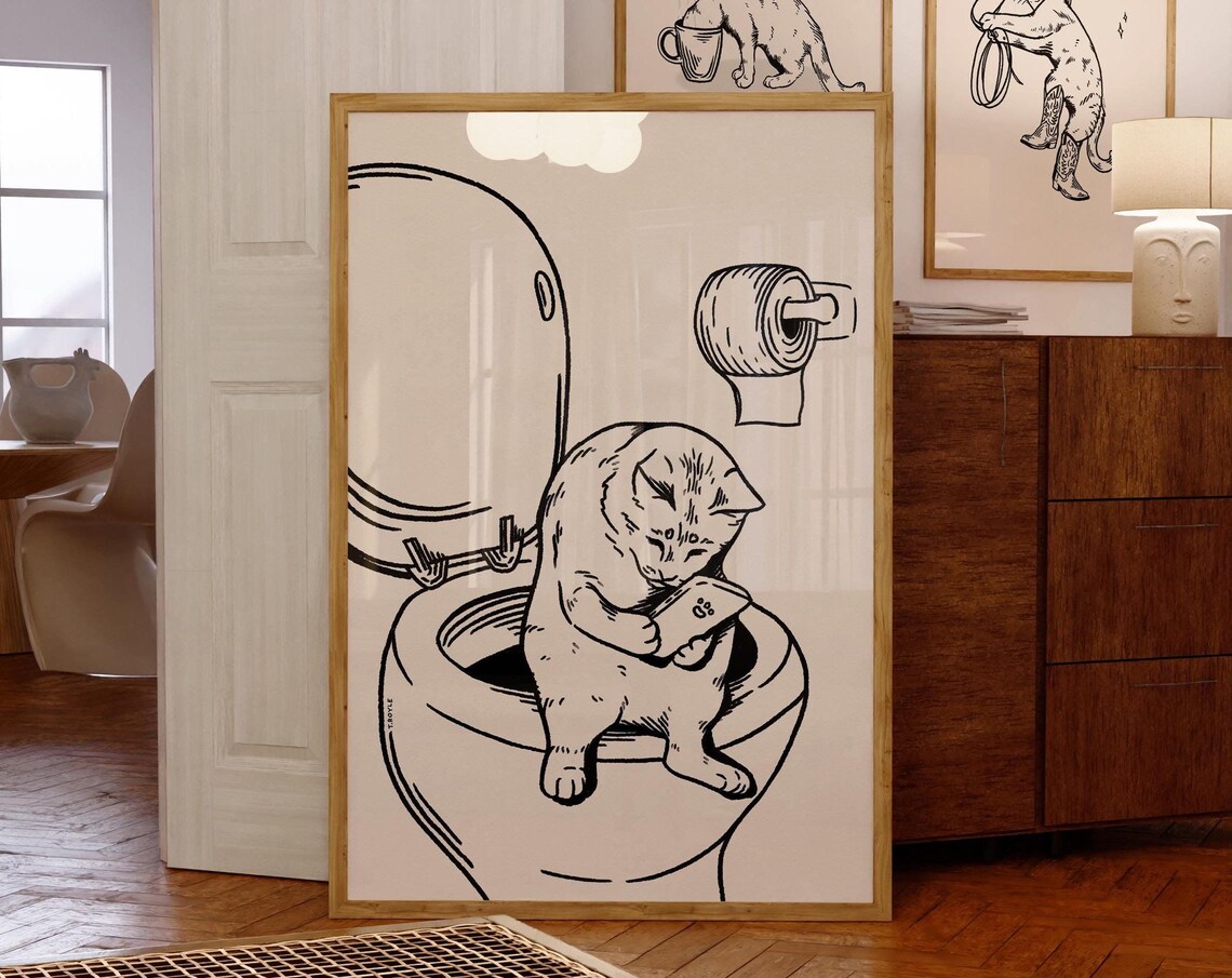Toilet Cat Retro Art Print, Vintage Bathroom Decor