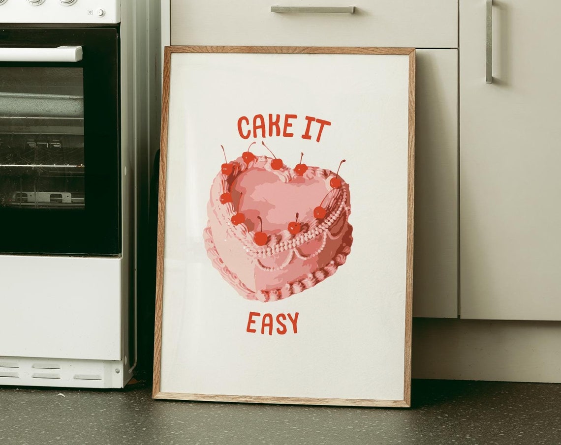 Cake It Easy Heart Shaped Pink Cherry Cake Bakery Kitchen Poster