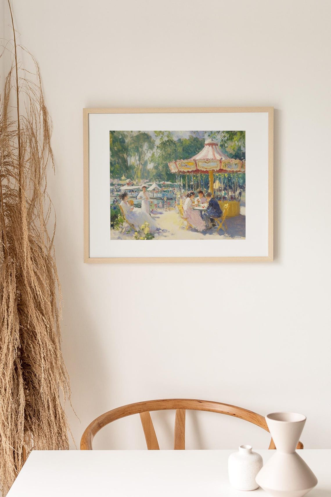 Summer Carousel Scene With Friends at a Tea Table Park Amusement Print - Image 3