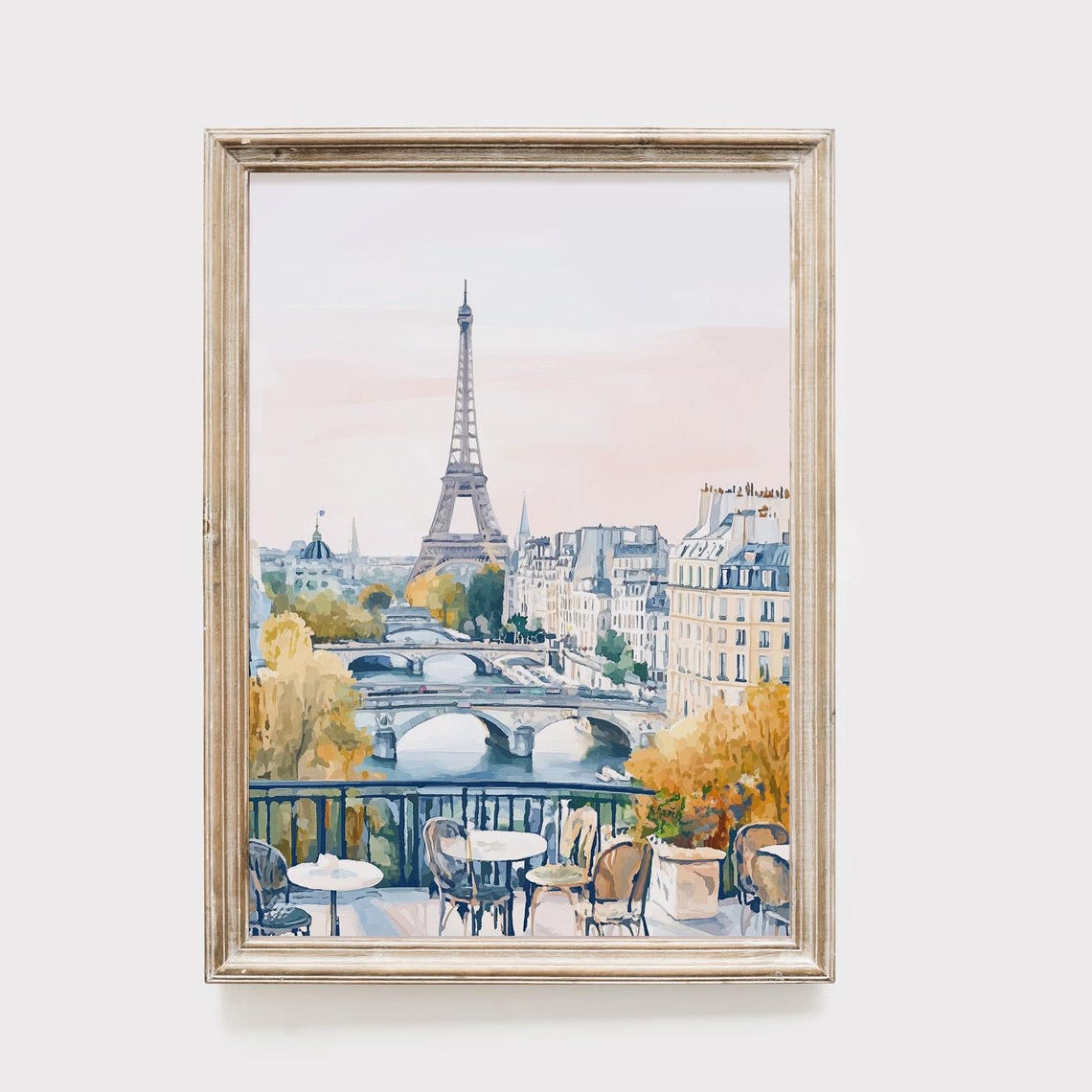 Paris Eiffel Tower Watercolor Seine Cafe Terrace Autumn Poster