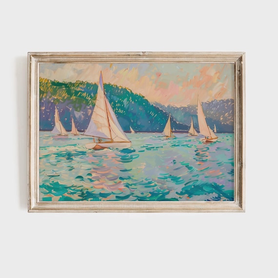 Impressionist Sailboat Regatta Oil Painting Sunset Coastal Art Poster