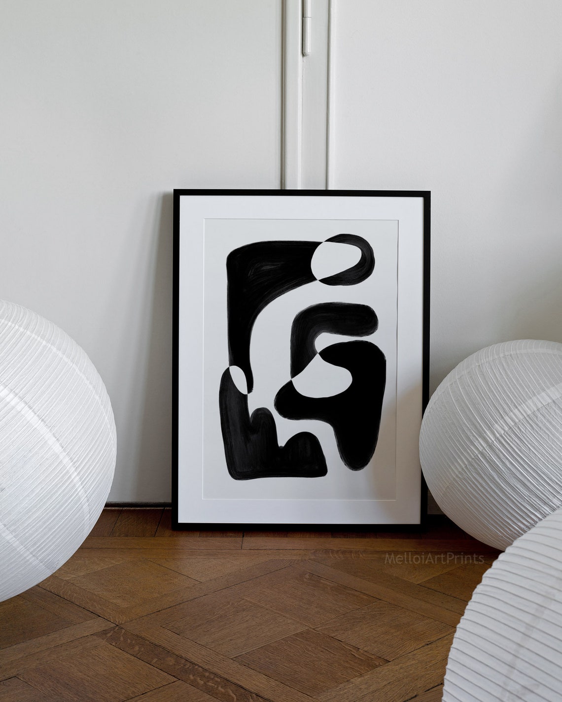 Bold Black Brushstroke Abstract Gestural Shapes White Poster - Image 3