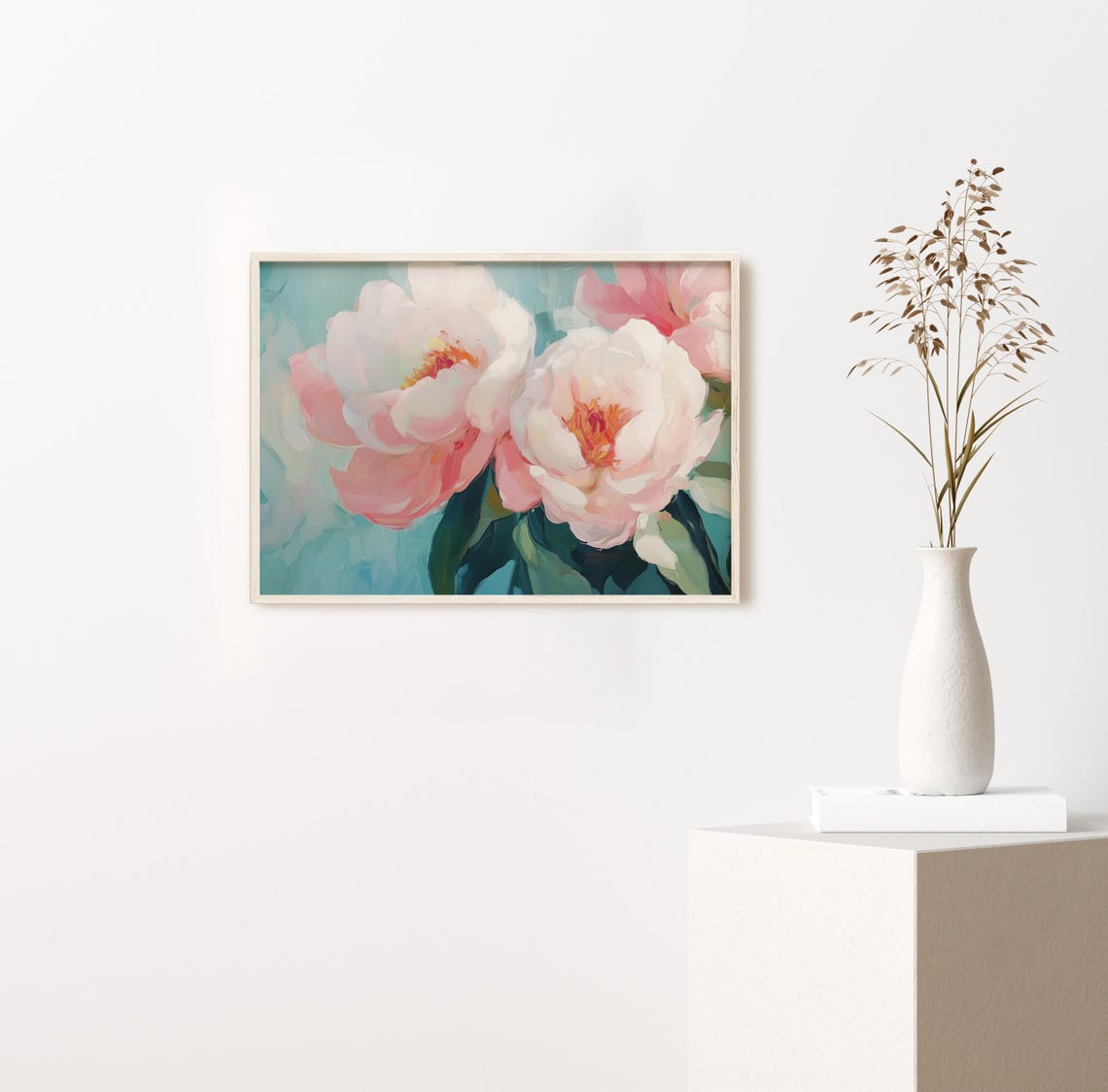 Soft Pink Peony Flowers Turquoise Background Floral Painting Poster - Image 2