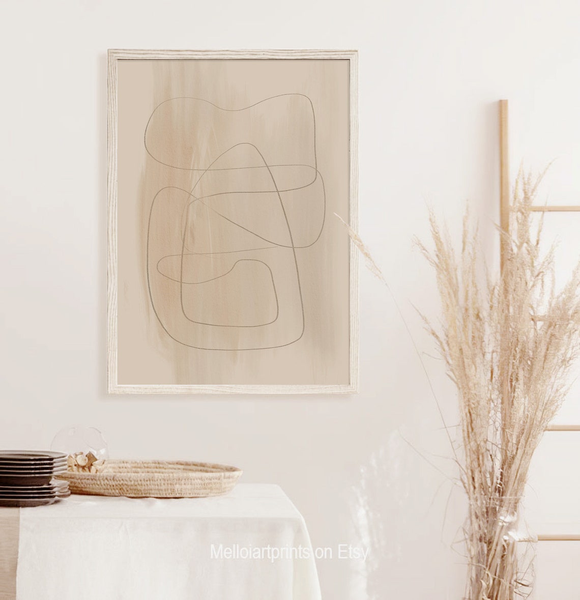Single Line Abstract Scribble Beige Watercolor Minimalist Poster Art - Image 3