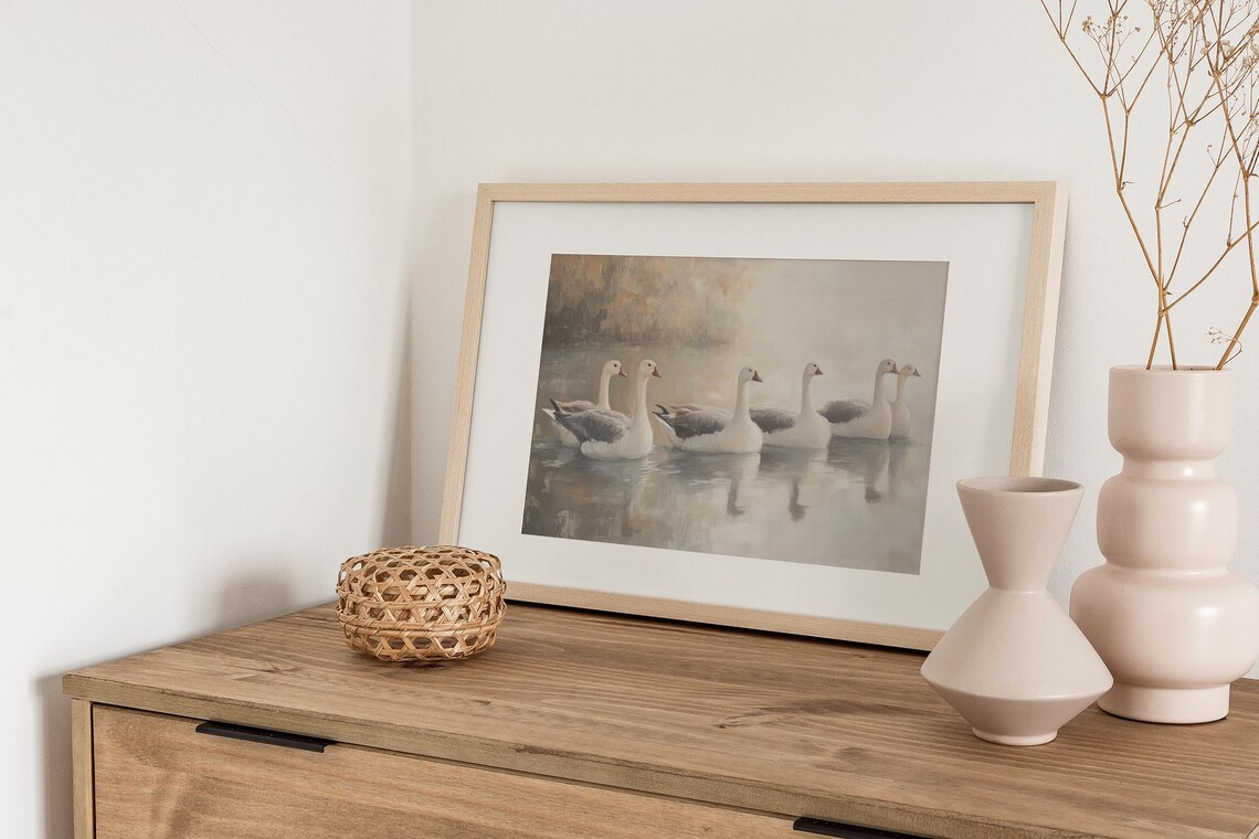 White Geese on Misty Lake Serene Water Birds Painting Art Poster - Image 2