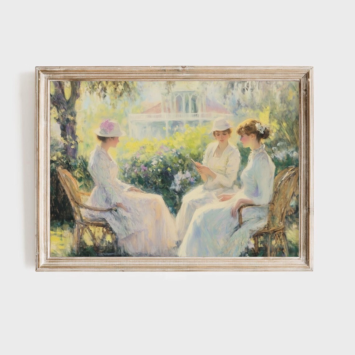 Three Women White Dresses Sunlit Garden Gathering Painting Poster