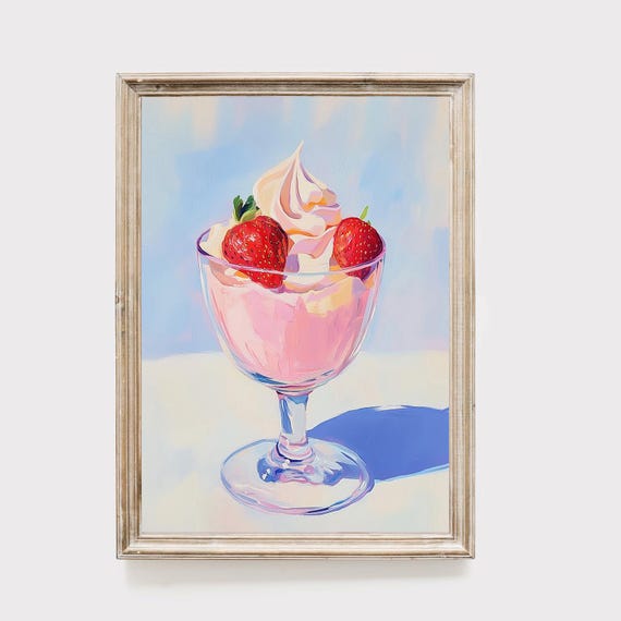 Strawberry Ice Cream Print Pink Kitchen Wall Art Summer Dessert Painting Sweet Food Illustration Modern Food Wall Decor