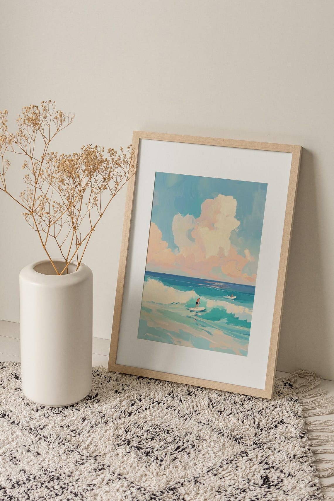 Surf Painting Surfers Turquoise Waves Pastel Clouds Wall Art - Image 2