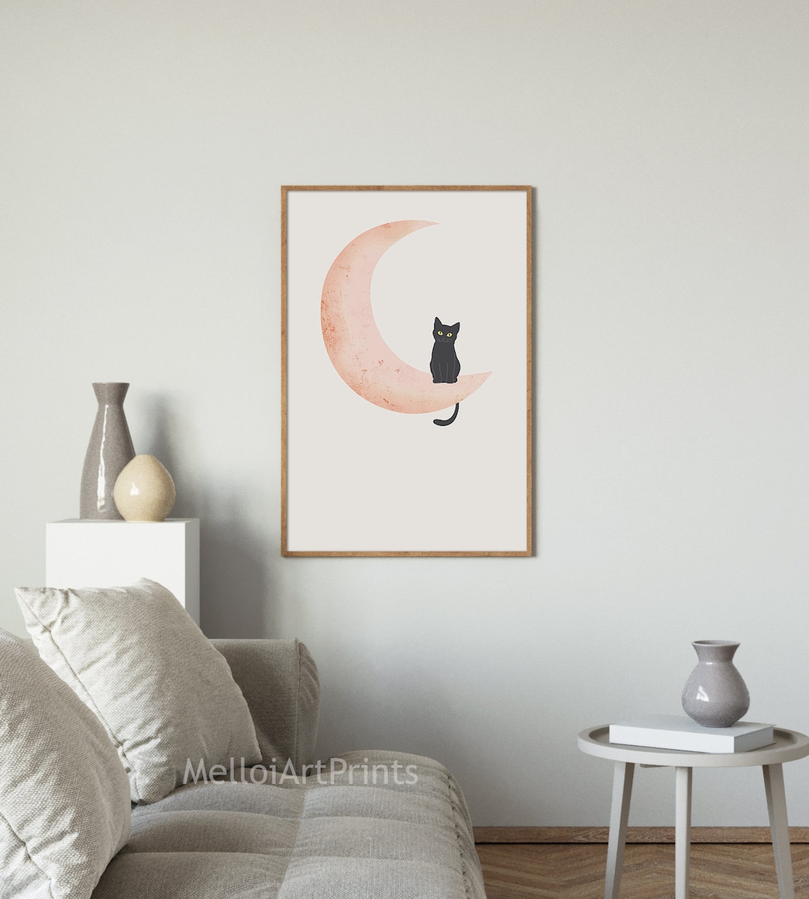 Moon and Cat Neutral Boho Wall Art Print - Image 3